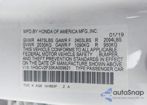 2019 Honda Accord Sport 2.0T z USA, uszkodzony, nr VIN 1HGCV2F33KA009821